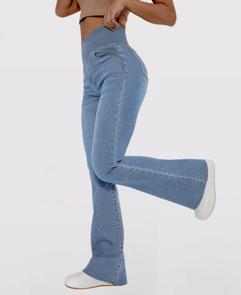 Calça Jeans de Cintura Alta Cruzada [CALÇA EFEITO BARRIGA CHAPADA]